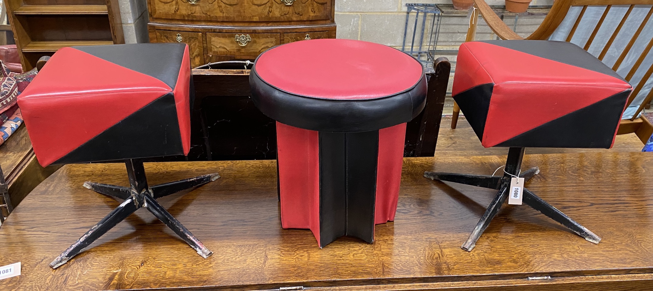 Two mid century retro stools, height 40cm together with a similar circular stool